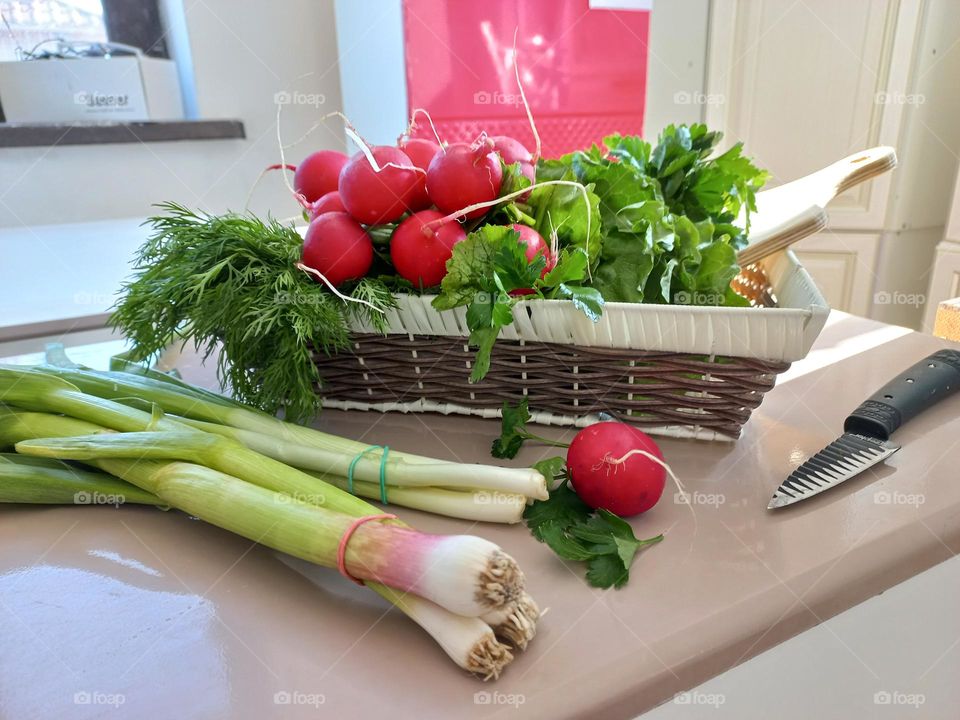 red radish, greens, vegetables.