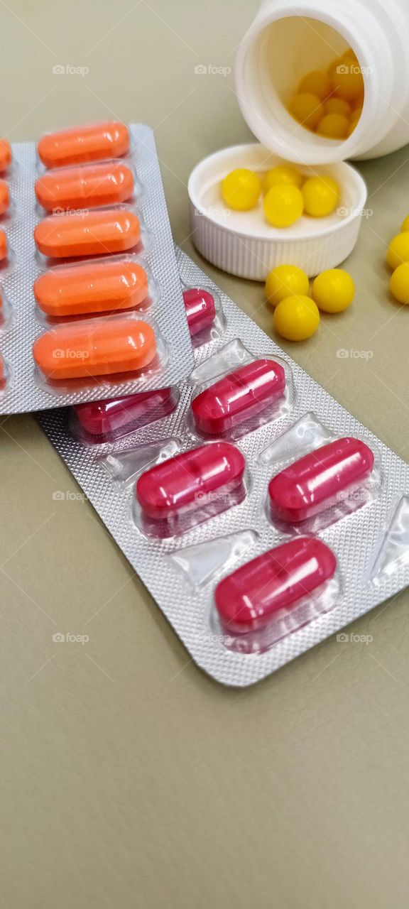 purple, red, yellow, orange, vitamins, pills, medicine, treatment