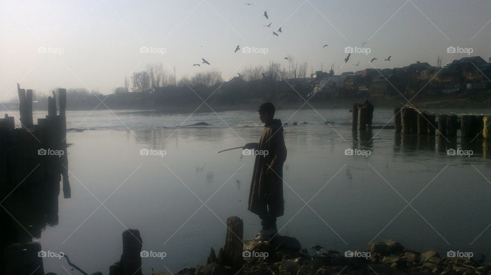 Water, Dawn, Lake, Reflection, People