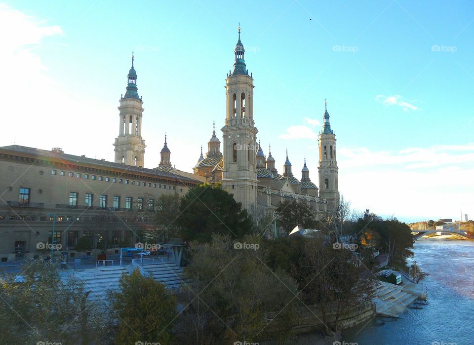 Basilica of Our Lady of the Pillar in the evening sunshine, Zaragoza, Spain