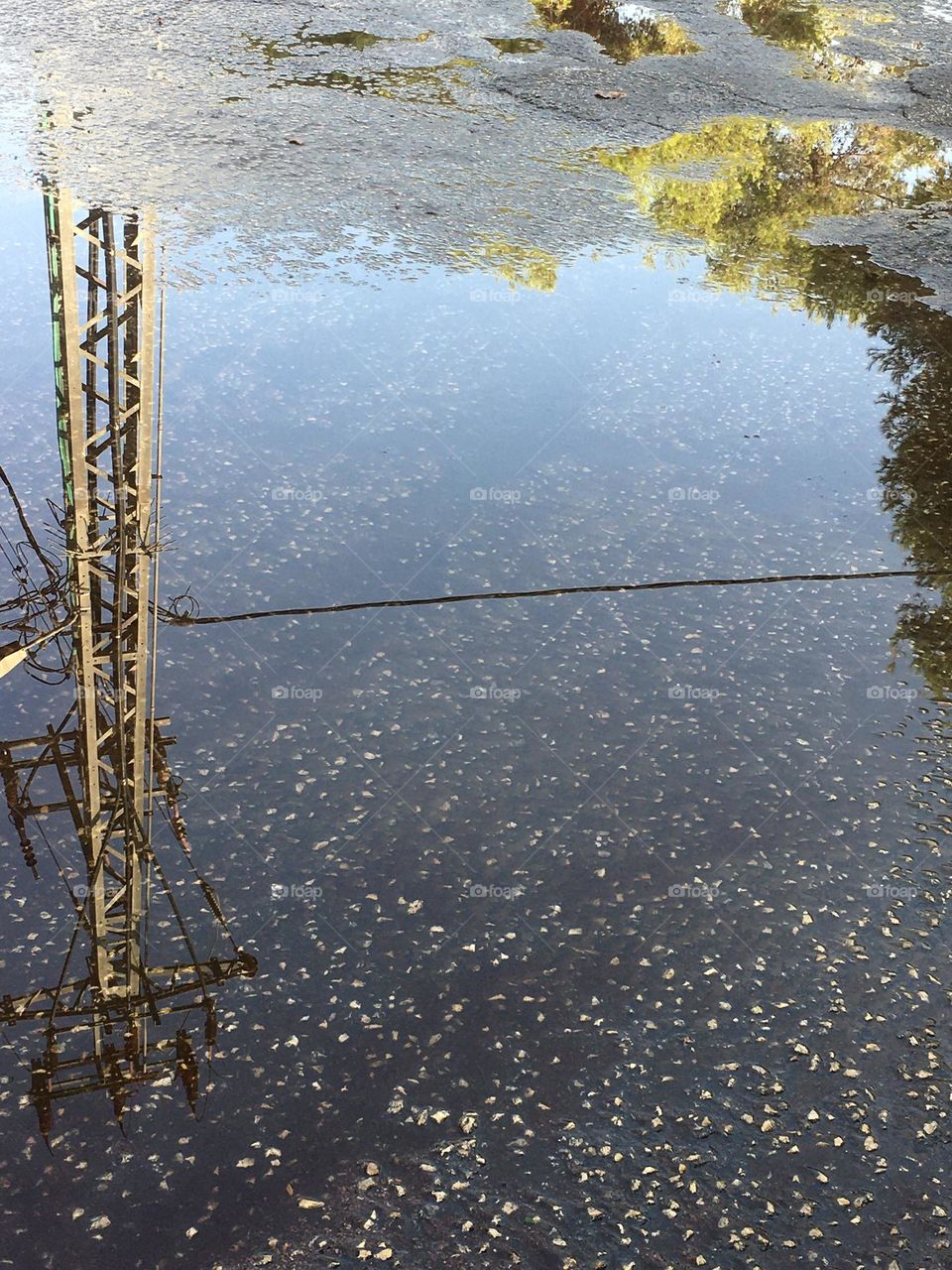 Reflection of electric pole In a puddle 