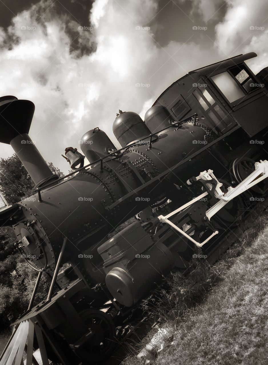 Steam engine train in black and white—taken in Ludington, Michigan 