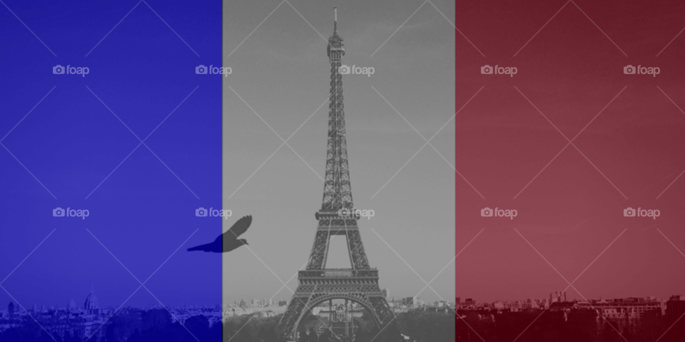 La Tour Eiffel ( the Eiffel Tower) in Paris, France with the colors of the French flag superimposed on the image. 