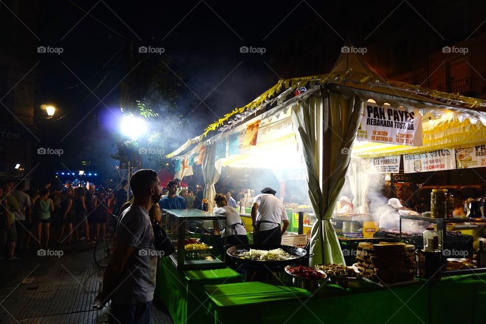 Food stall at a block party in La Latina, Madrid, Spain 