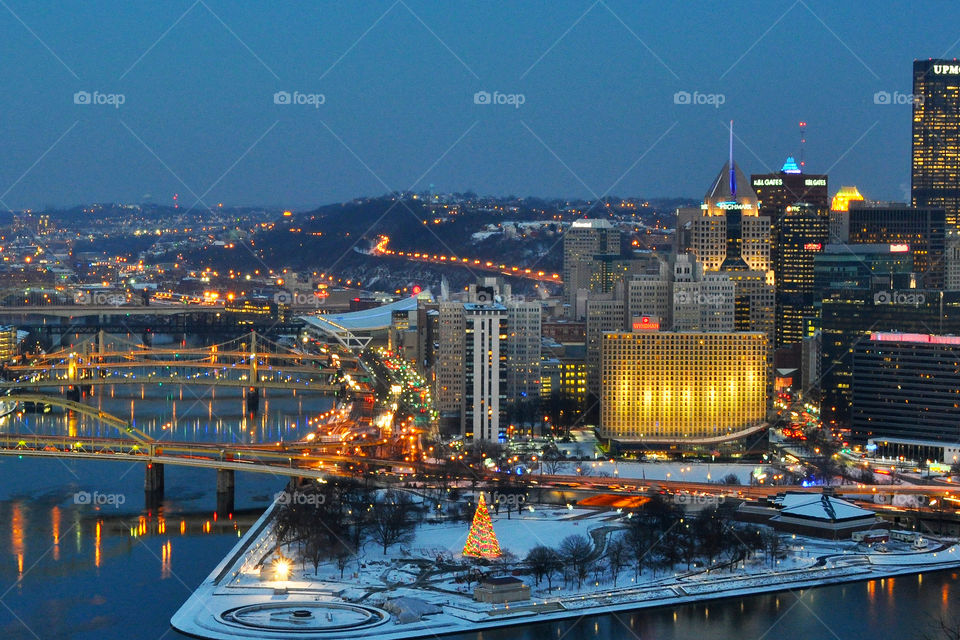 Pittsburgh PA at dusk, buildings, bridges, rivers