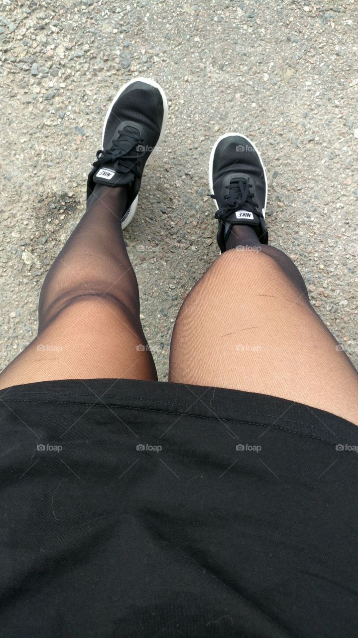 Black outfit, legs, Nike shoes, stockings