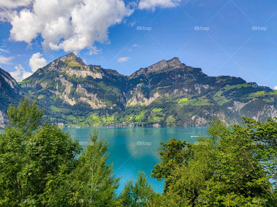 A beautiful emerald lake surrounded by rocky mountains and green trees in Sisikon is a close-up.