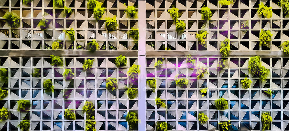 Sustainable Urban Architecture: Panel-style masonry wall with varied colors, where Cachepot-style plant pots were installed. Urban Architecture with sustainability, Elegance and Personality.