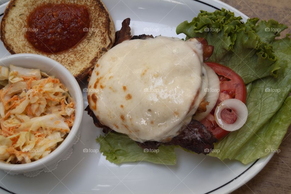 A juicy horse radish bacon swiss burger is brought out for an afternoon dine at a local eatery in downtown historic Savannah.