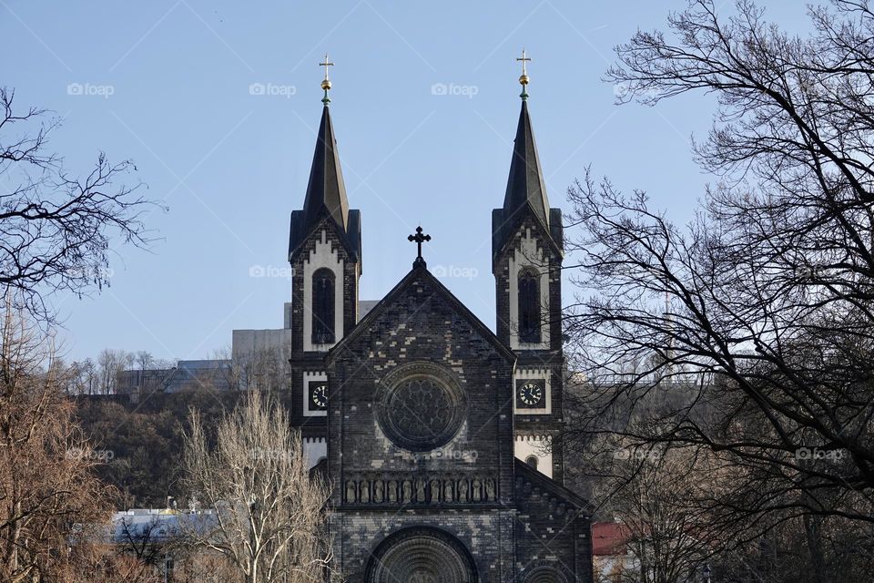 Old neo-Romanesque style church of Saints Cyril and Methodius from the 19th century in Karlin, Prague, Czech Republic. Front view over the Karlin square. 