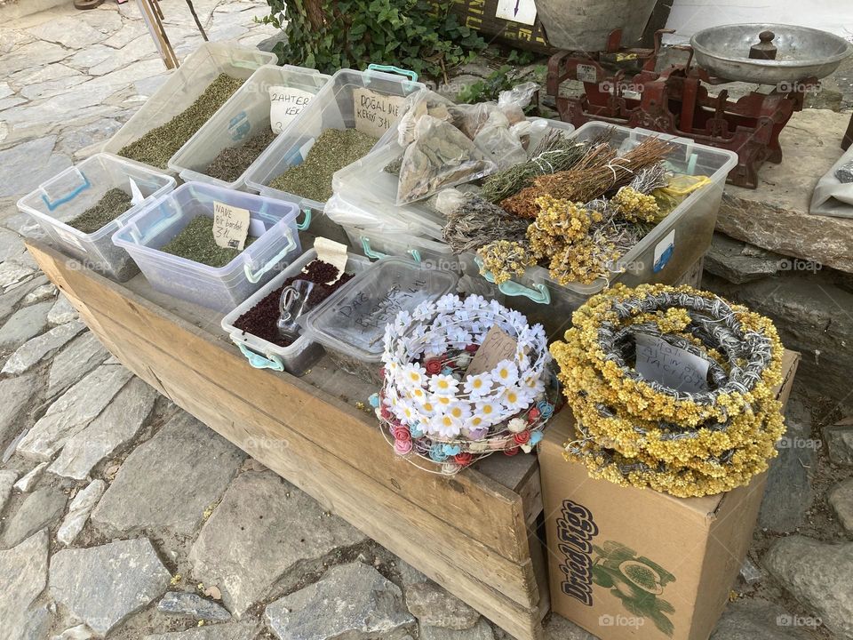 Greek village in Turkey. Blue sky and tall palm trees. Sunsets and sunny days. Summertime in Kusadasi. Vacation travel in Turkey . Summer view. Sunny day during vacation 