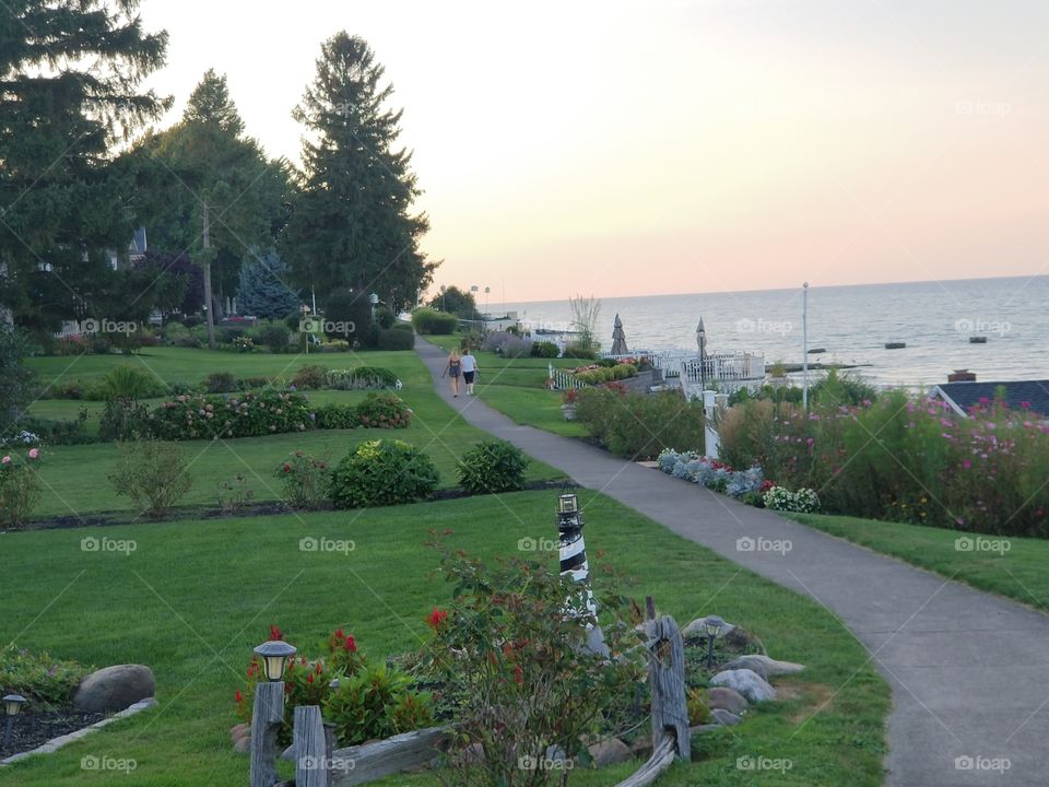 Lake Ontario Charlotte Beach Public sidewalk. Gardens landscaping beautiful
