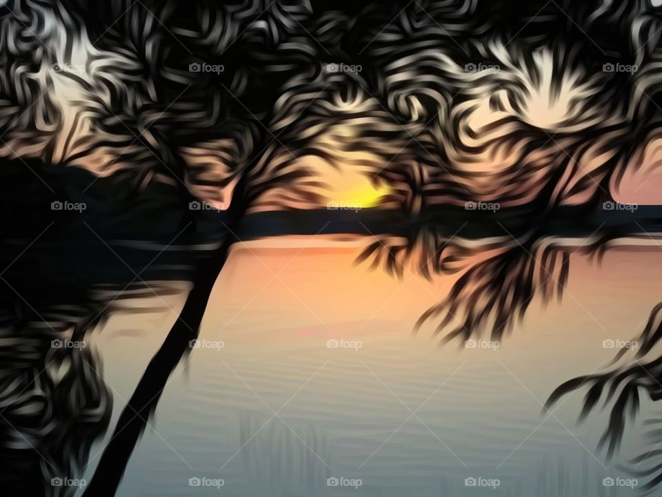 Sunset on Lake in Oil Effect