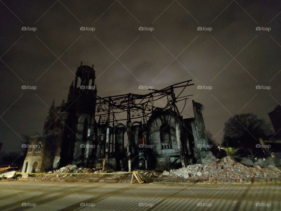 Burned Church in East St.Louis with the structure exposed.