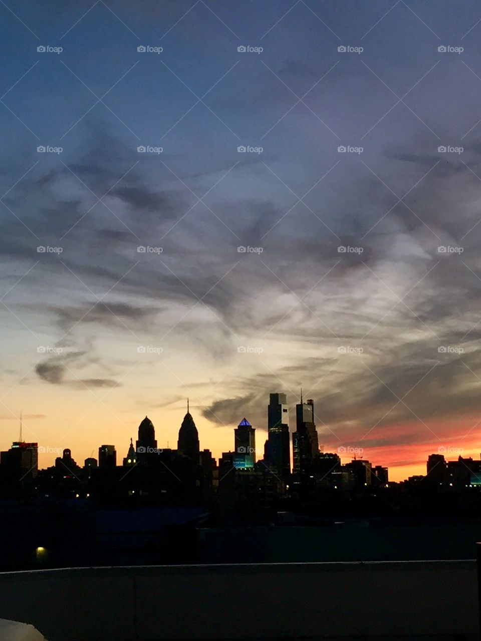 Philadelphia skyline and the beautiful sunset. 