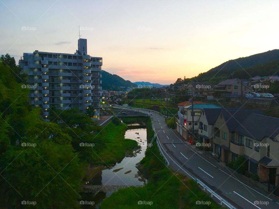 Sunset looking over a small urban area in Japan. 