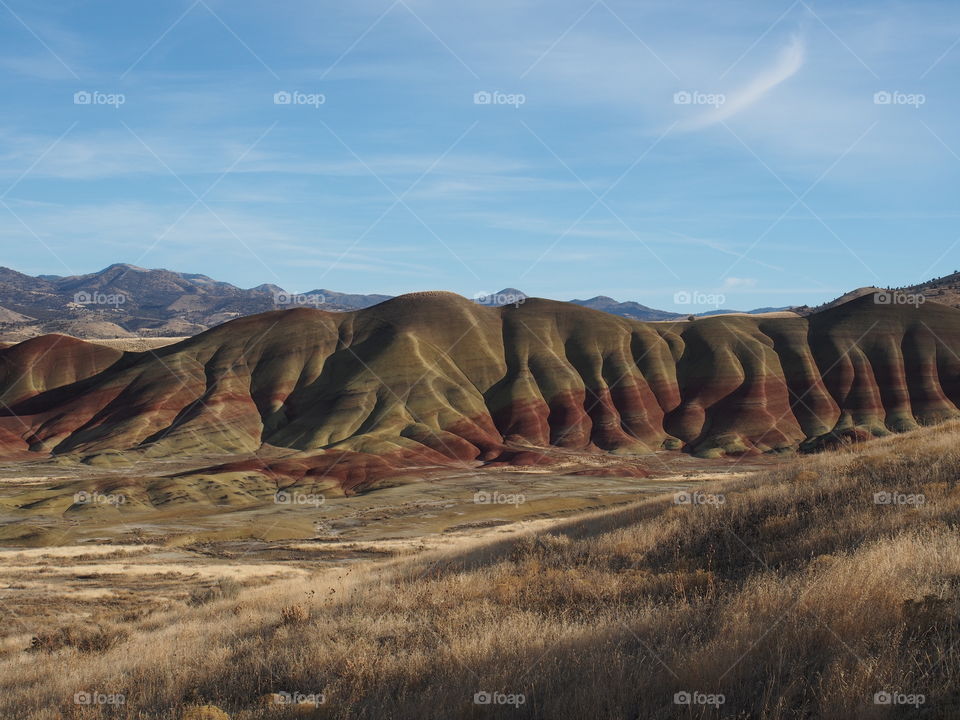 The textured Painted Hills in Eastern Oregon with layers of red, brown, green, and yellow on a sunny winter afternoon. 
