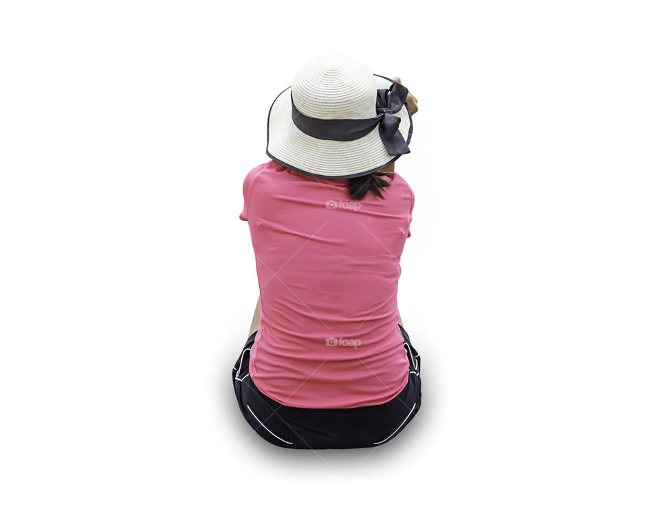 The image behind Woman wearing Hat sitting on a white background with clipping path.