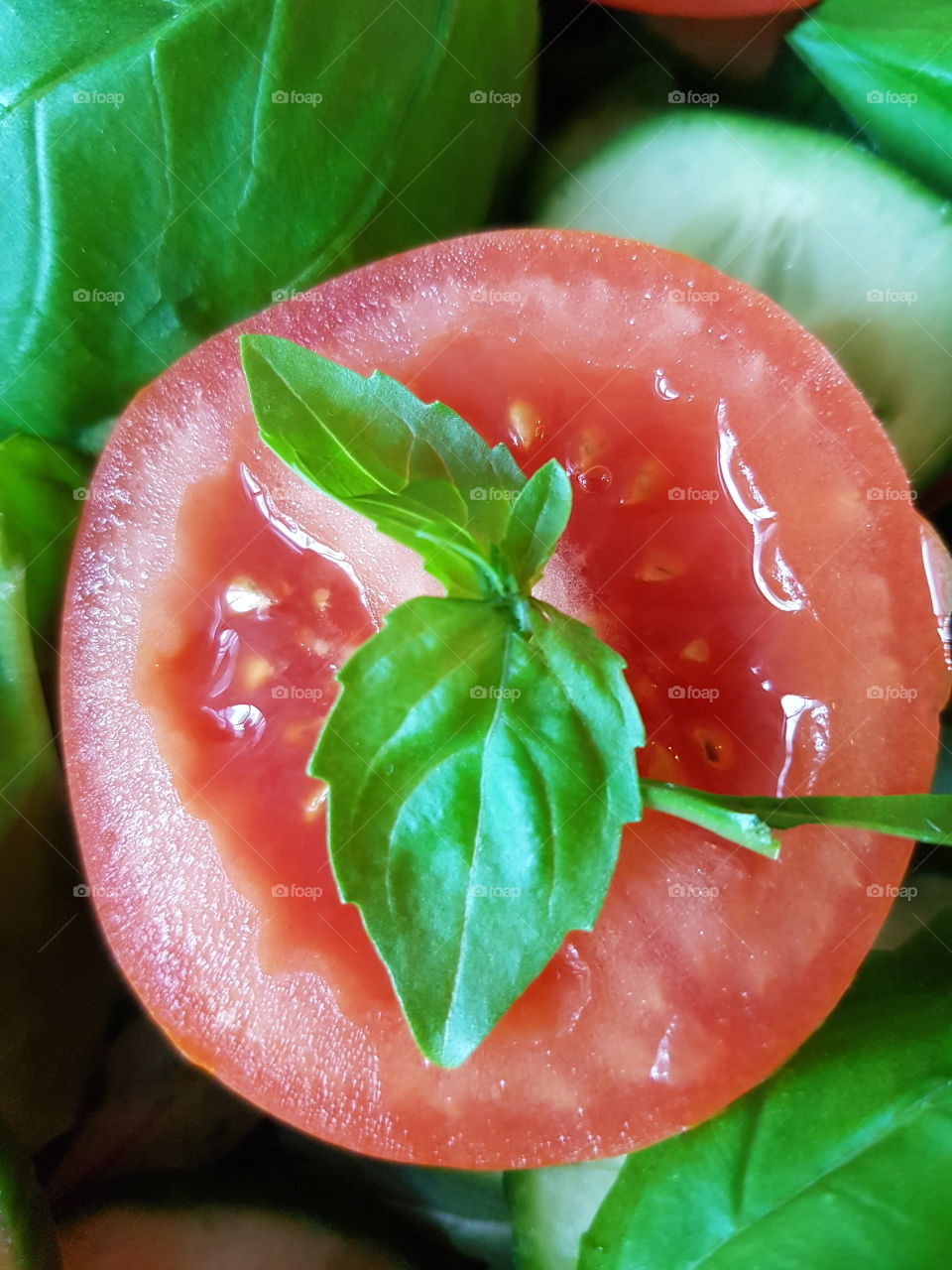 Red love juicy tomato with basil