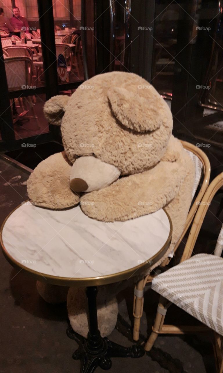 teddy bear in a Parisian café at night