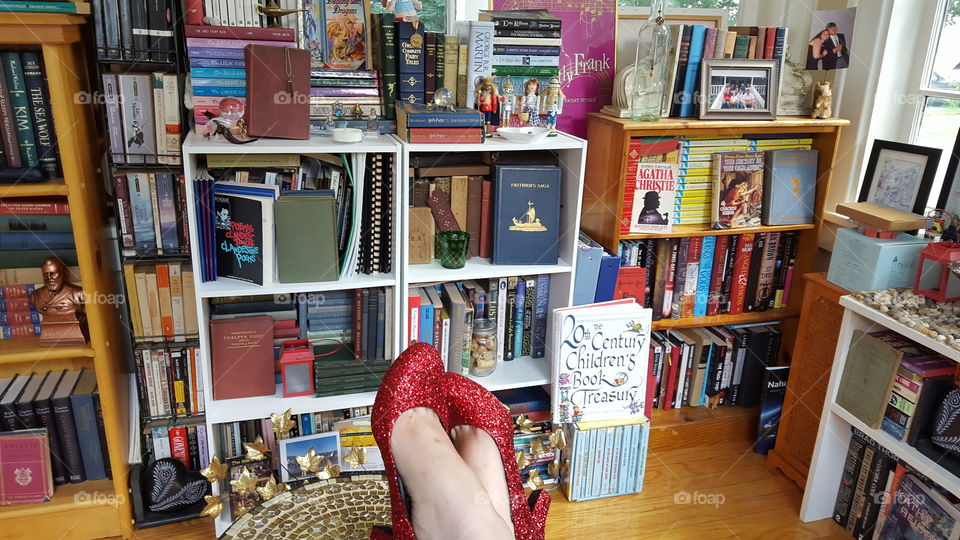 Ruby slippers relaxing in a libary