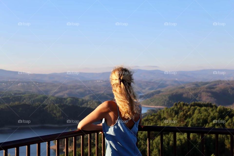 Nature balcony, girl, blond, river