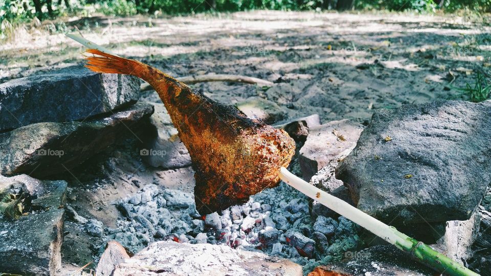 grilled sea bass on charcoal