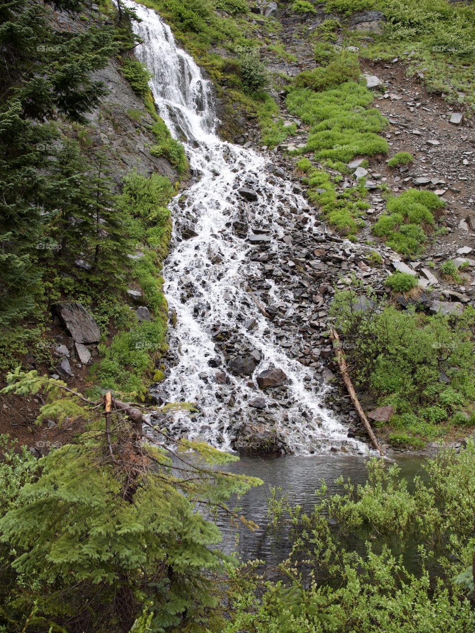 The cold waters of Vadea Falls in Crater Lake National Park look like lightening forking down the mountainside. 