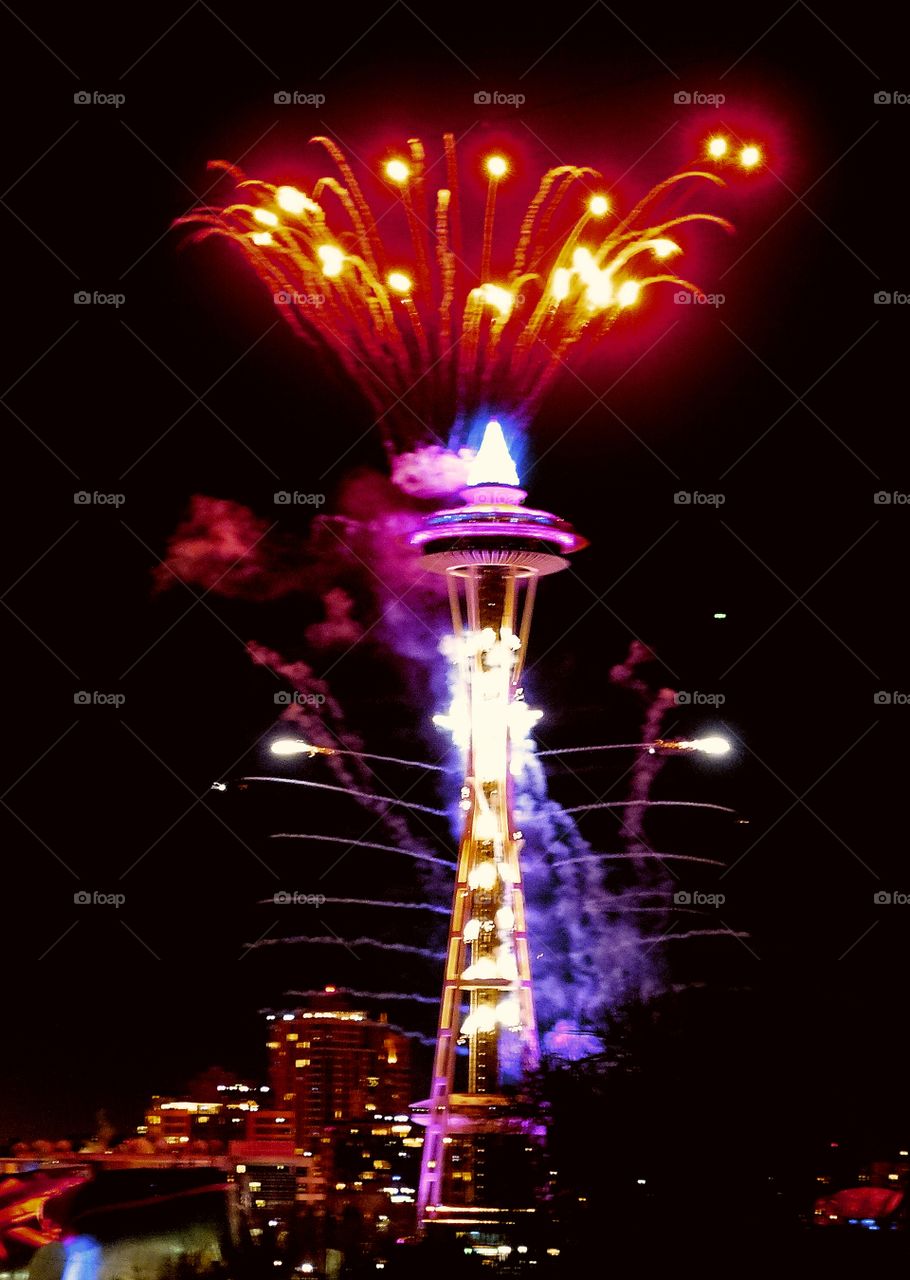 fireworks, colors, night in Seattle