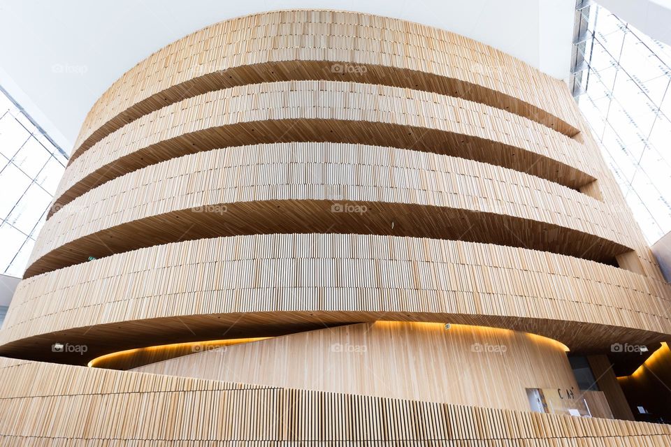 Wooden architecture indoor, the opera house in Oslo is made by beautiful oak staves 