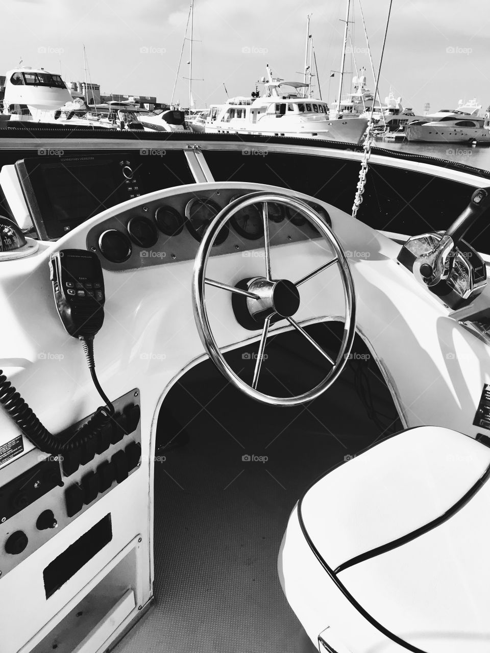 Seaport, yacht, boat, steering wheel, black and white photo