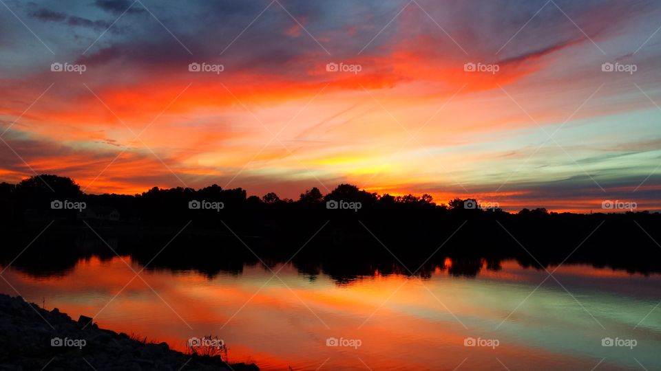 Silhouette of trees reflecting on the lake at sunset