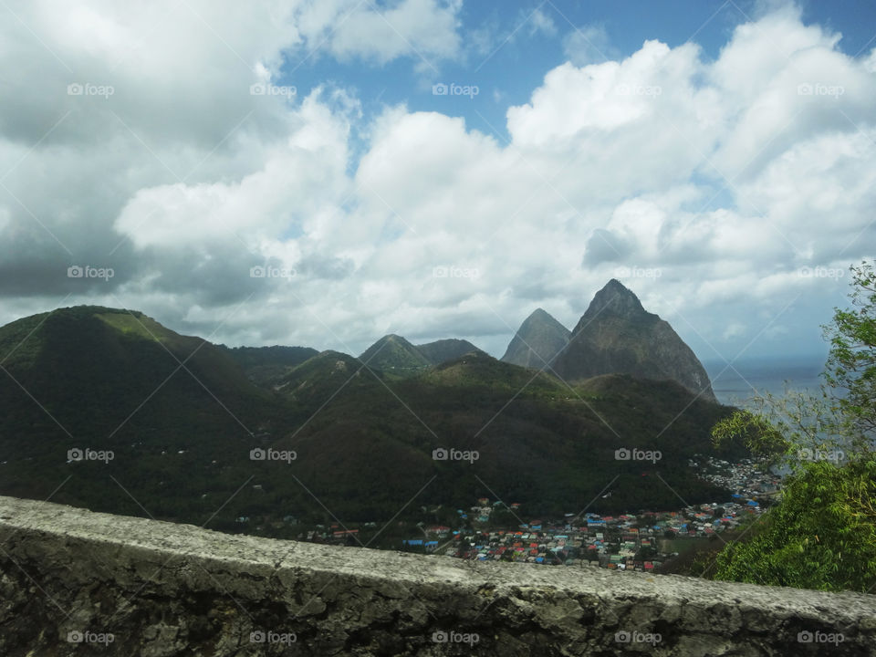 Piton Moutain Range. The Pitons seen from overlooking the town of Soufiere.