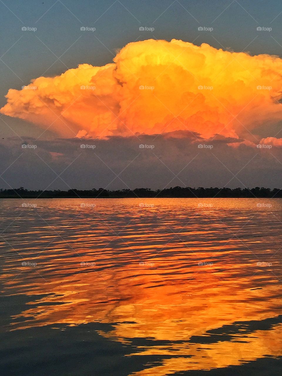 Nubles de Oro. A puffy golden cloud over the bay during the golden hour