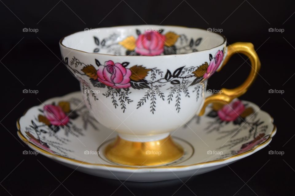 Vintage bone china teacup and saucer bold flowers, made in England