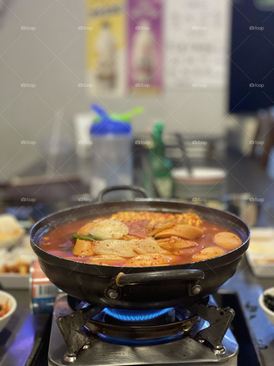 Korean Army Red Stew in a pot on a table