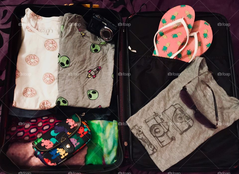 My suitcase: camera t-shirt, space alien t-shirt, donut t-shirt, sunglasses, scarves, Mickey Mouse purse, pineapple flip flops, and camera 