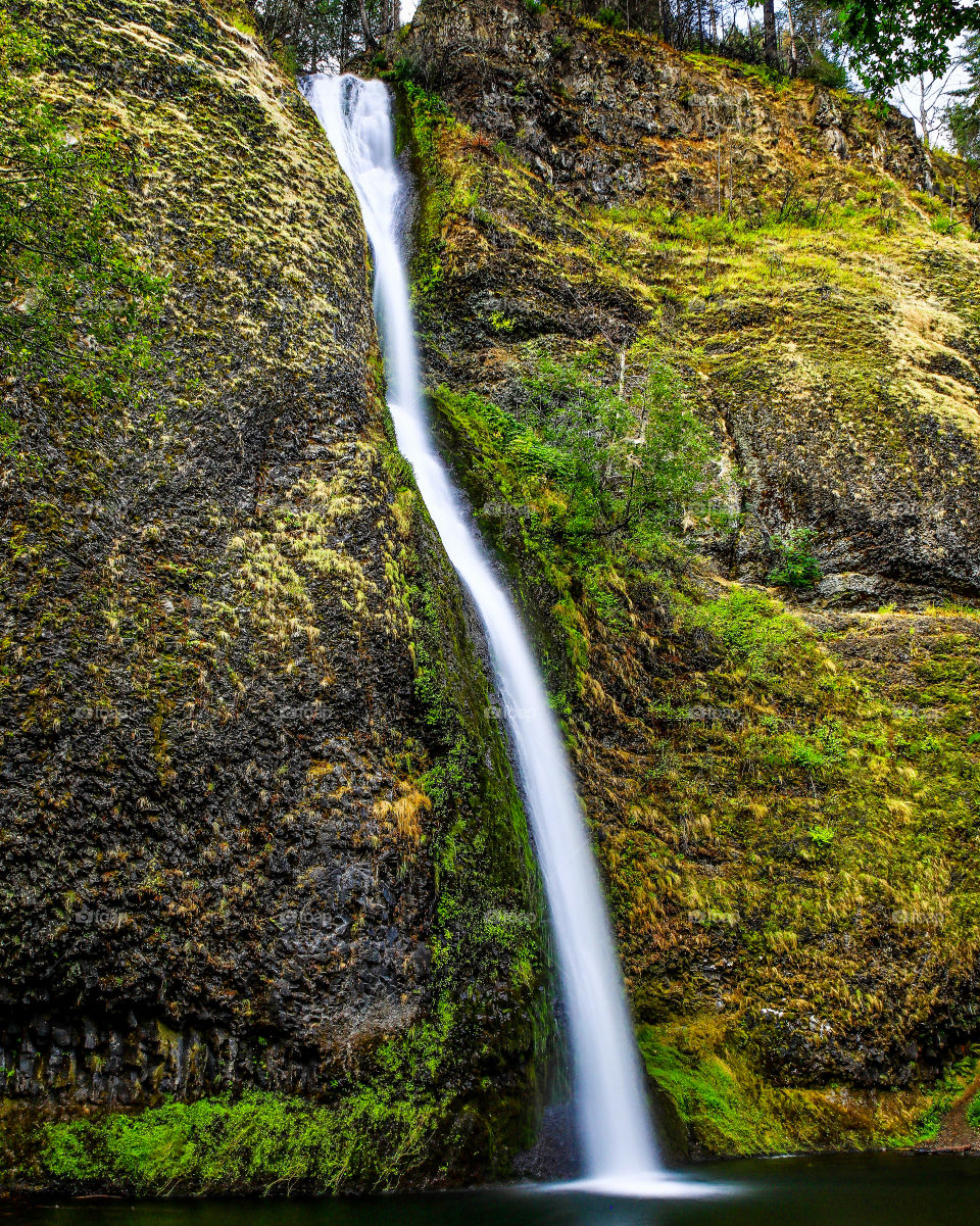 Waterfall on moss rock 