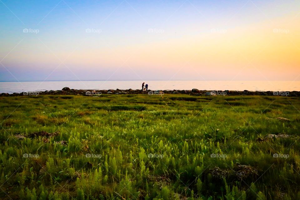 Couple walking the dog on the beach in the sunset with the sky colored in beautiful tones 