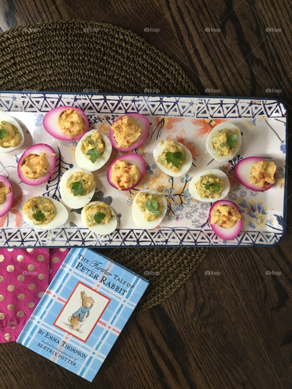 Deviled eggs dyed pink with beet juice 
