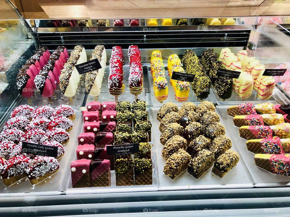 A selection of colorful ice cream desserts