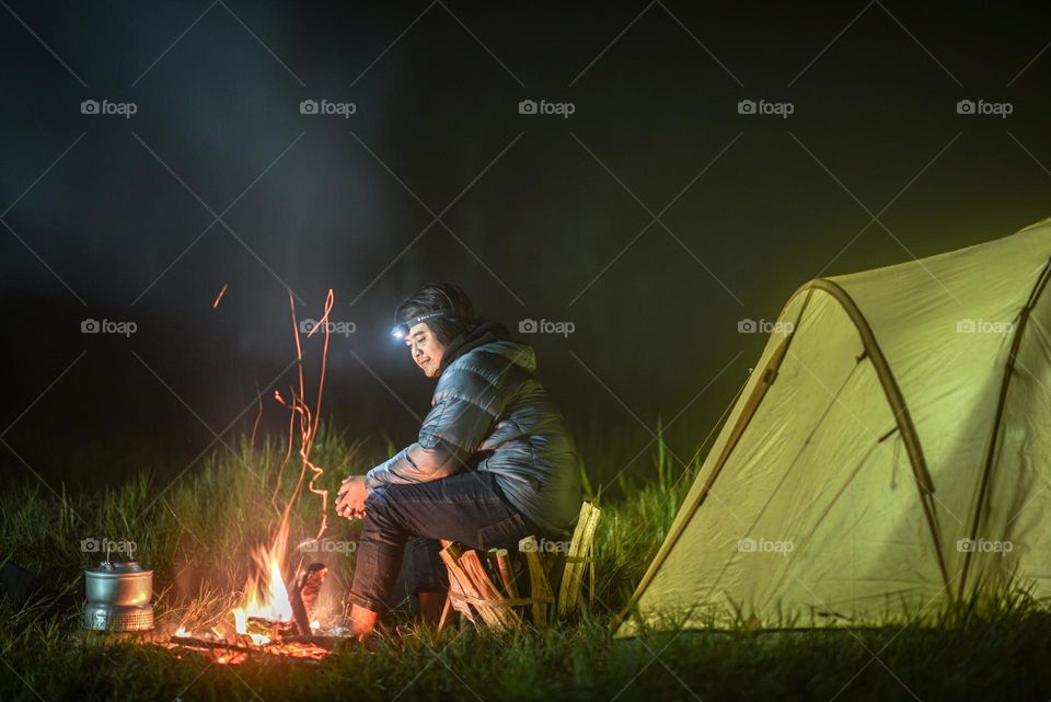 Camping with a bonfire