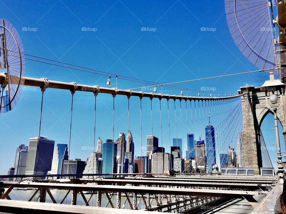 Skyline New York view from Brooklyn bridge.