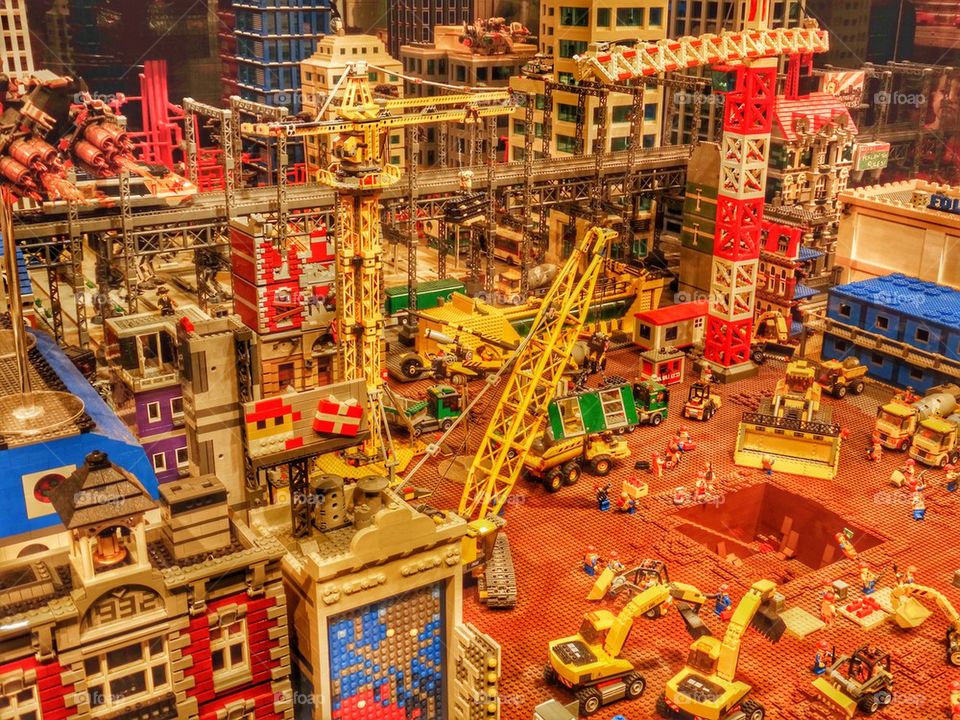 Giant Lego City Diorama. Urban Construction Scene

