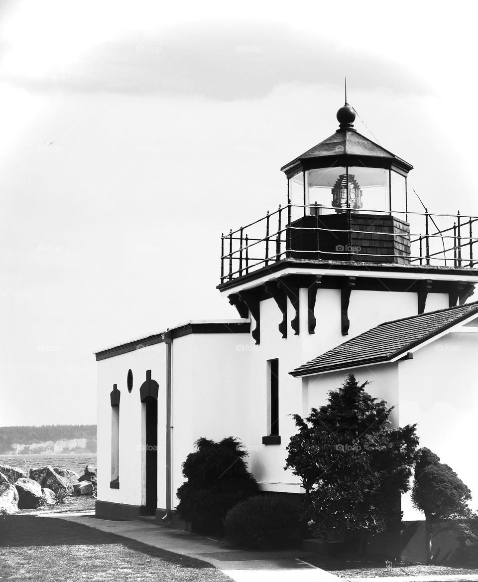 The lighthouse at Point No Point situated in Hansville, Washington. Black and white