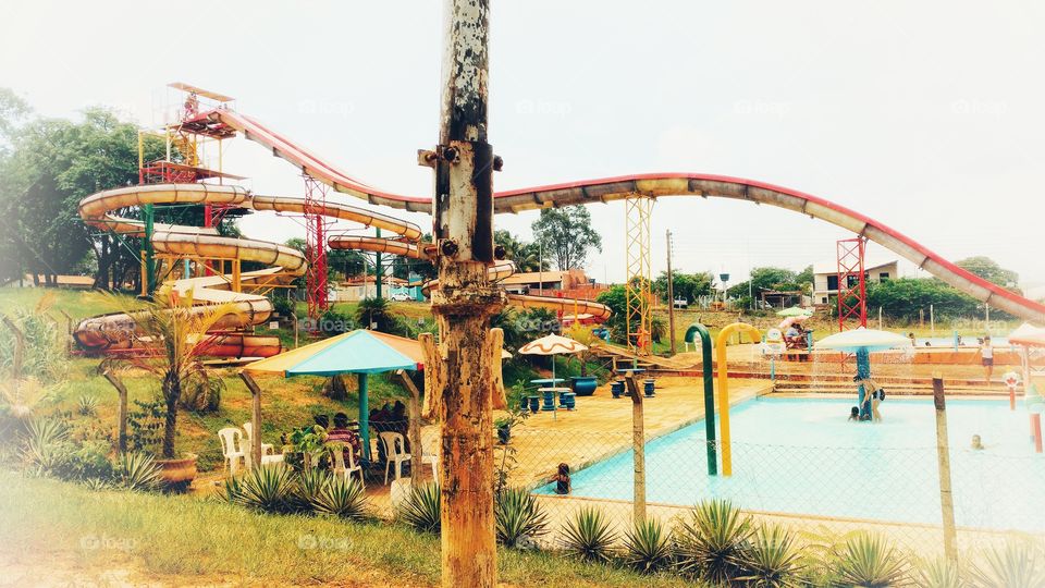 Piscina, tobogã aquático, clube, férias, verão.