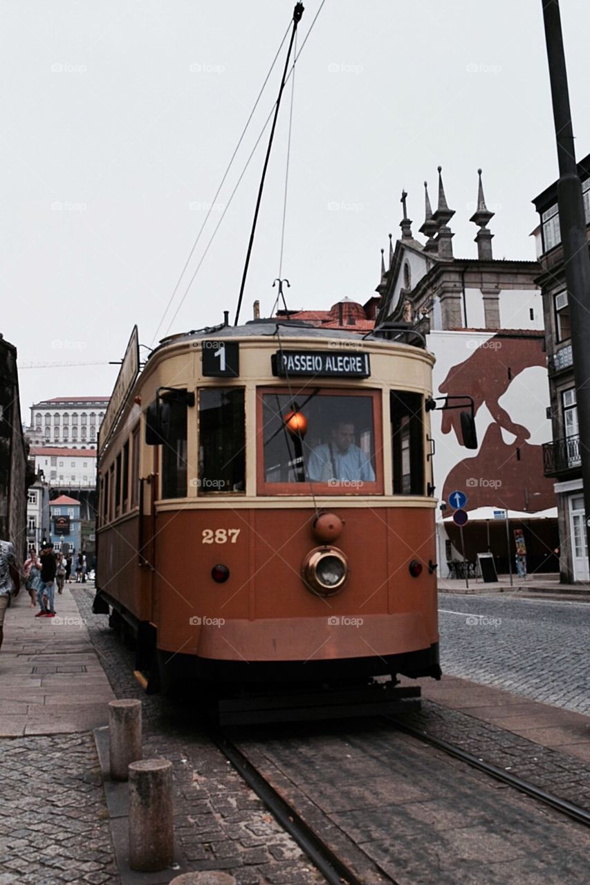 Tram on street of Portugal city