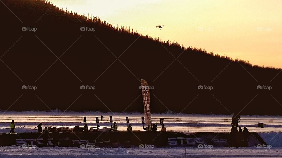 Sunset over Rally X on ice on Åre lake, in Åre, Sweden.