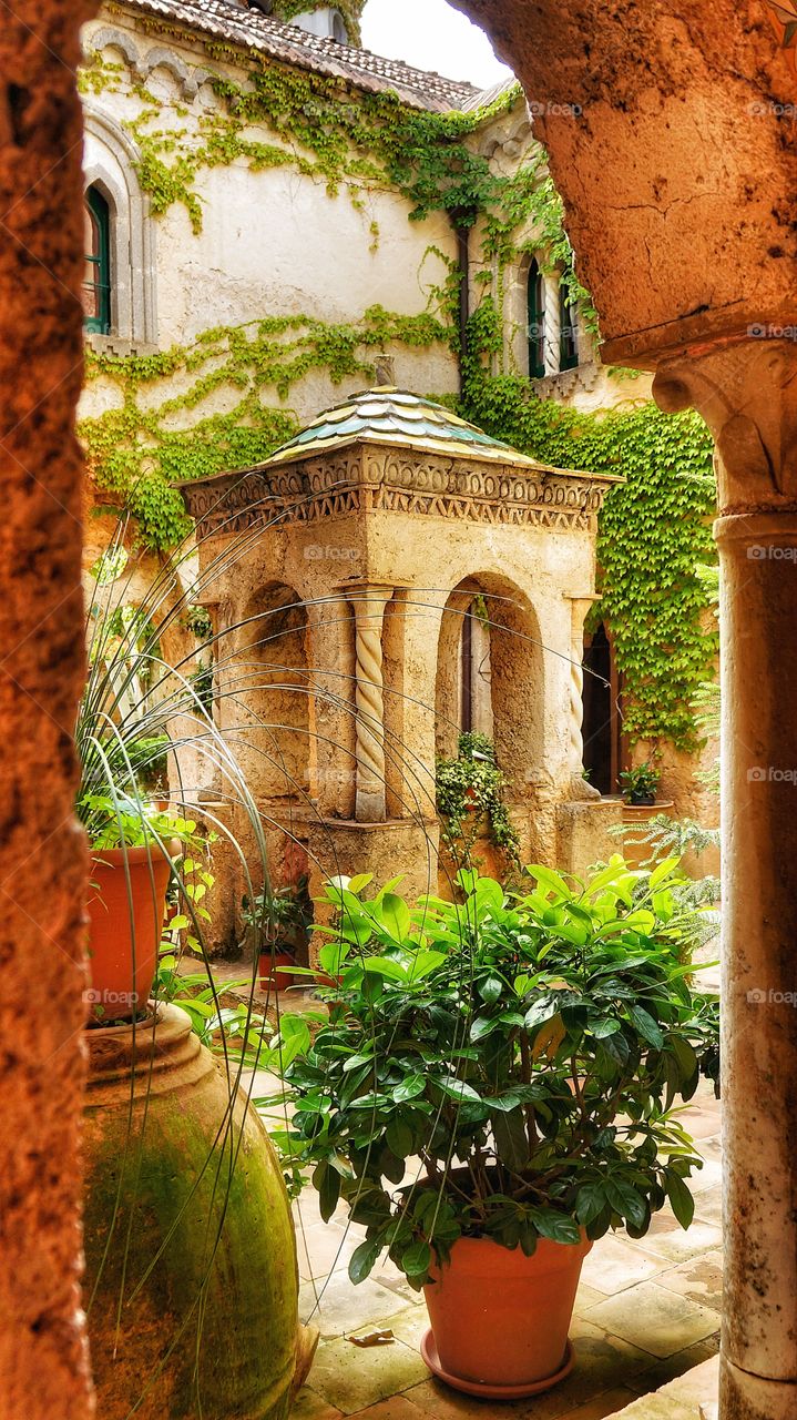 Cloister garden with columns and plants