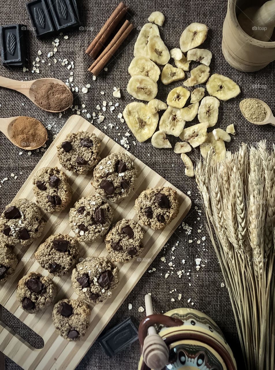 Flat lay of honey oat & banana homemade cookies